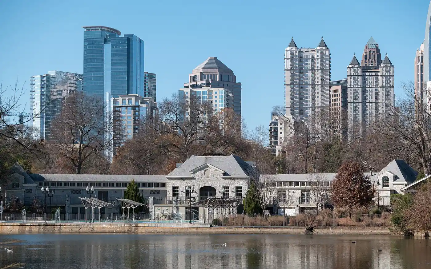 Lake Clara Meer and the midtown skyline from Piedmont Park, Atlanta