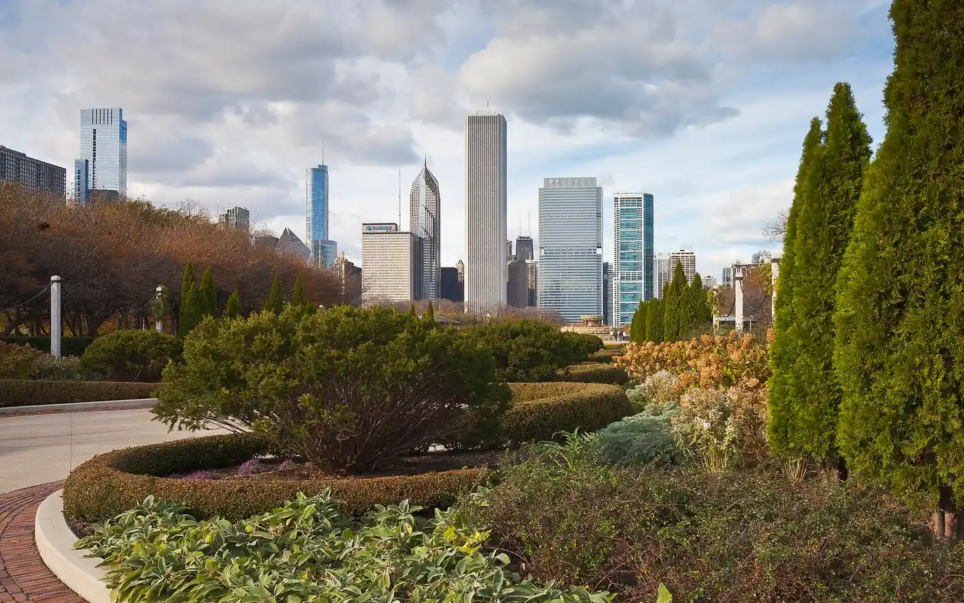 Autumn gardens of Grant Park below the Chicago skyline